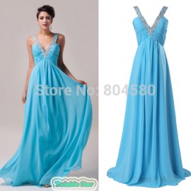  Stock Chiffon Celebrity dresses Deep V Neck Princess Floor-Length Evening Prom Dress With Beading Women party Gown CL6040