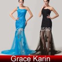  Stock Floor Length One Shoulder long lace dress evening gown Blue Black Trumpet Party dresses Formal Gowns CL6129