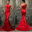 New Design Satin Evening Dresses 2015 Red One Shoulder Bodycon Bandage Dress Mermaid Prom Gown Formal Party Chinese Clothing