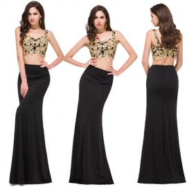 Popular Summer Gold Appliques Black 2 Two piece Bandage Prom dresses Sleeveless Evening Dress Formal 2015 Long Party Gowns C8917