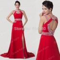 Princess Halter Crystal Beads Split Mermaid Evening dress Elegant Women Long Maxi Party Gown Red Prom dresses 2015 Backless 6248