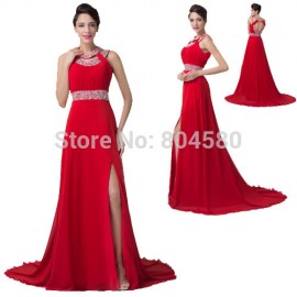 Princess Halter Crystal Beads Split Mermaid Evening dress Elegant Women Long Maxi Party Gown Red Prom dresses 2015 Backless 6248