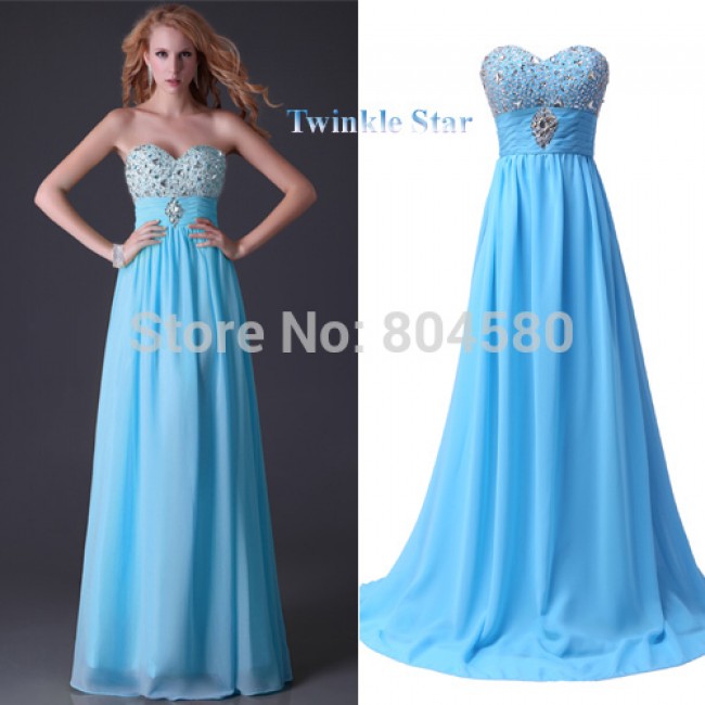 Sexy Women Floor Length Sleeveless Blue/Yellow Beads Chiffon Bandage Prom dresses Long Evening Party Dress Gown in Stock CL3524