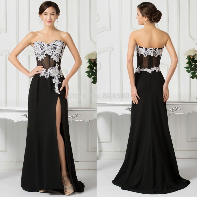 Sexy Strapless High Split Chiffon Prom Dress Party Evening Gown Black Long Celebrity dresses 2015 Formal Engagement Gowns CL7519