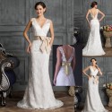 Sexy White Ivory Double V Neck Fashion Mermaid Lace Evening Dresses 2015 Formal Prom Gown Women Wedding Party Dress Train D3850
