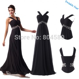 Top QualityFashion Floor Length Chiffon long Women Evening Party Dress Black Formal Gowns Prom CL6013