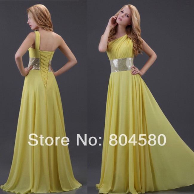 Top Selling Stock  Chiffon Yellow Long Evening Prom dresses One shoulder Beach maxi dress CL3419