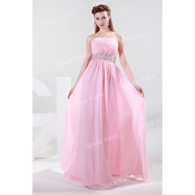 Unique Strapless Ruched Bust Slim Long Evening Dress   Sleeveless Pink Chiffon Beach party dress CL4423