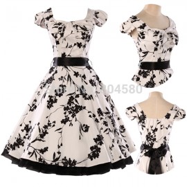  Stock Cap Sleeve Cotton Retro Vintage Ball Evening Prom Party Dress Women 50s 60s Black Print Rockability Gown CL4598