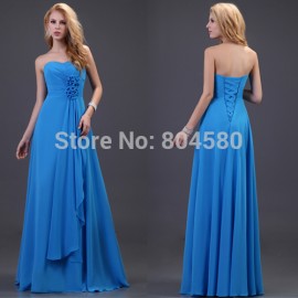  Stock Off the Shoulder Empire A-Line Floor-Length Chiffon Prom dress Formal Gowns Blue Bridesmaid dresses CL3420