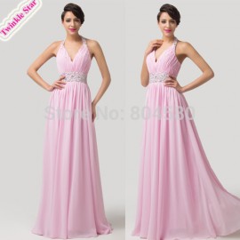  Cheap Sexy Deep V neck Floor Length Lace Up Back Bridesmaid Dresses Beads Long Bridal Toast dress  CL6111