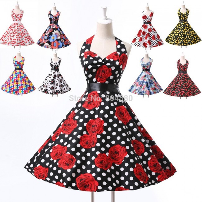   Fashion Stock Cotton Flower Print Ball Evening Prom Gown Short 50s 60s Retro Vintage Party Dresses 4 Size S~XL CL6075