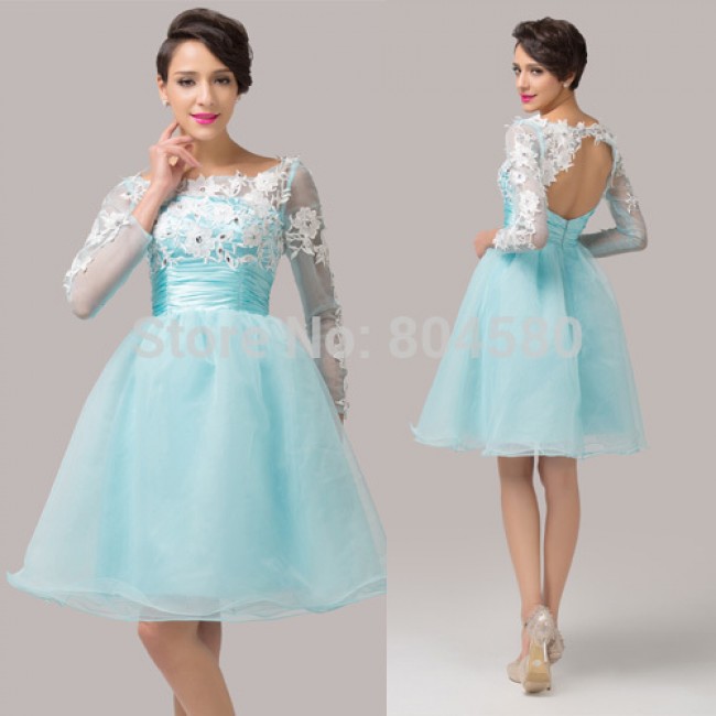   Organza Open Back Ball Gown Formal Party Dresses Short Embroidery Women Cocktail dress Long Sleeve Prom Gown CL6128