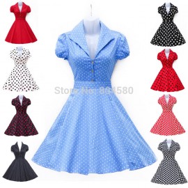 2015 New Spring Summer Short Sleeve Women Vintage Dress 50s Rockabilly Bohemian Floral Polka Dots Dresses Casual Party Gown 6089