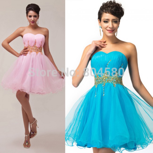 2015 Summer Strapless Cocktail Dress Blue Homecoming dresses Ball Gown Sleeveless Short Prom Gowns vestido de festa curto 4972