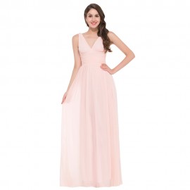 2015 Two Straps Deep V neck Chiffon Cheap Long Pink Bridesmaid Dresses Floor Length Wedding Prom Dress Party Gown Women GK10 