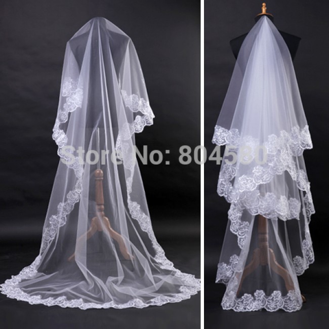 wholesale/retail White lace edge long wedding head veil bridal veils accessories 2.7m CL2641