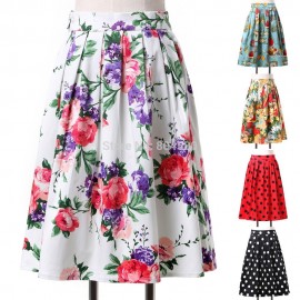  Fashion Women Mid-Calf Floral Print Vintage Skirts Elastic Polka Dots Cocktail Party Masquerade Skirt CL6294