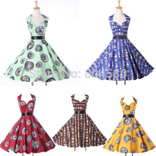 Summer Winter Casual Print dresses Women Party Clothing Retro Vintage Swing Gown 50s 60s Prom Party Ball Dress 6292