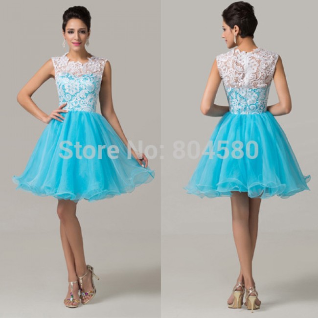 Grace Karin Knee length Lace & Tulle blue elegant party maxi evening dress short prom dresses  Homecoming gowns CL6123