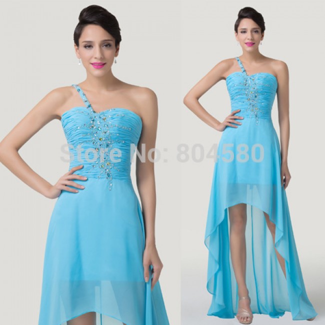 Grace Karin One Shoulder Chiffon Prom Gown Crystal Short Front Long Back Blue Cocktail dresses  Fashion Party Dress CL6198