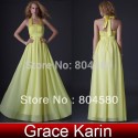 Grace Karin Stock Floor Length Yellow Chiffon Halter Evening Dress Formal party Gown Long Celebrity prom dresses  CL3432