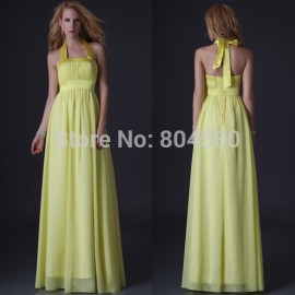 Grace Karin Stock Floor Length Yellow Chiffon Halter Evening Dress Formal party Gown Long Celebrity prom dresses  CL3432