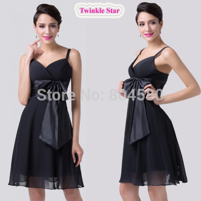High Quality Sexy Spaghetti Strap Knee Length Black Chiffon Homecoming dresses Sleeveless Cocktail dress short party Gown CL6180