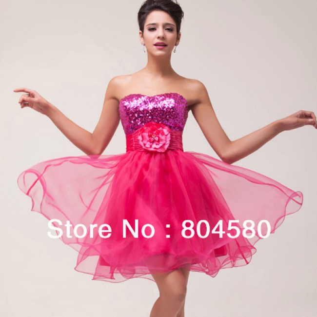 In Stock  Strapless Sequins Organza Cocktail Party Gown Short Prom Dress Red Formal Gowns CL6047