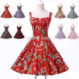   Women Vintage Cotton 50s Swing Flower dots Print Evening Prom Gown Casual Party Dress 5 Size XS~XL CL6092