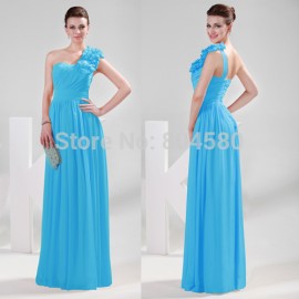  fashion sexy One Shoulder Chiffon long prom dress red blue bridesmaid dresses with flowers CL4287