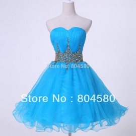 New! Sexy Strapless Voile Blue Party gown Short Prom Dress 2015 Women Short Evening dresses CL4972