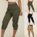 Pants Women Pleated Ladies Cropped Capri Pants Casual Summer Solid Tapered Trousers Calf-length Military