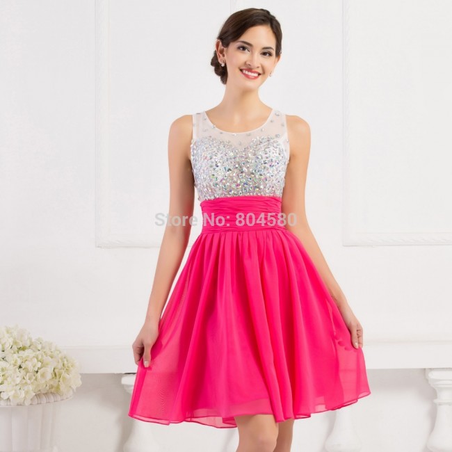 Reference Imagines A Line Knee Length Summer Ball dress Beading High Neck Prom dresses for Party Short Gown Evening CL7508