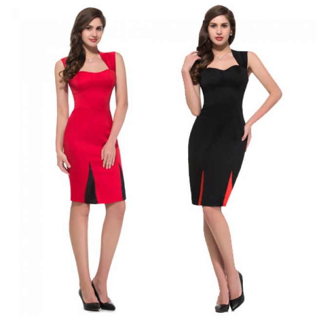 Sexy Women Office Knee Length Bodycon bandage Dress Satin Pencil Prom dresses Black Red Night Club Evening Gown 4591