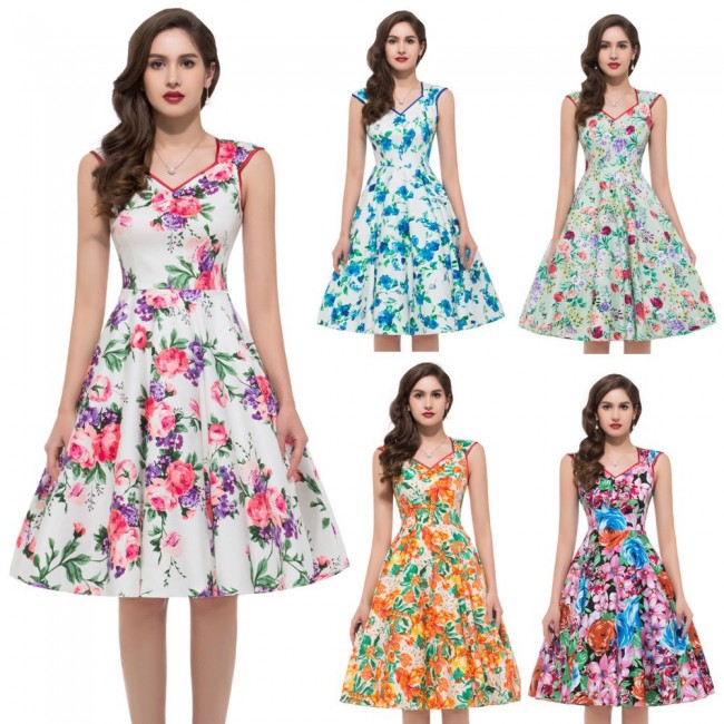 Summer Style Women Sleeveless Casual Flower Pattern Floral Print Dress Retro Swing 50s Women Party Beach Vintage dresses Gown