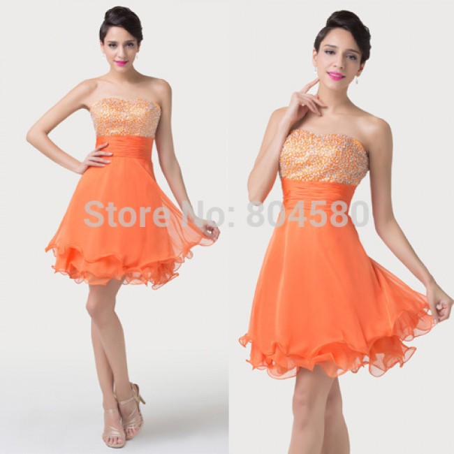 Wholesale Brand  Sexy Summer Women Short Cocktail Party Dress Orange Knee Length Formal Prom dresses Beading Plus Size CL6196