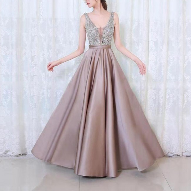 women dress Sexy V-neck Elegant 2019 Natural Sequins Shiny Wedding Bridal Evening gown Party Long birthday dress for women